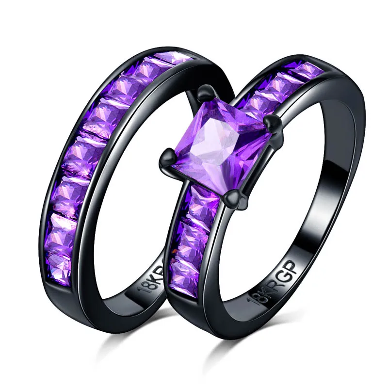 

Hot Style purple stone Black gold CZ Zircon Engagement jewelry Eternity Women Band Stacking couple rings set for Wedding