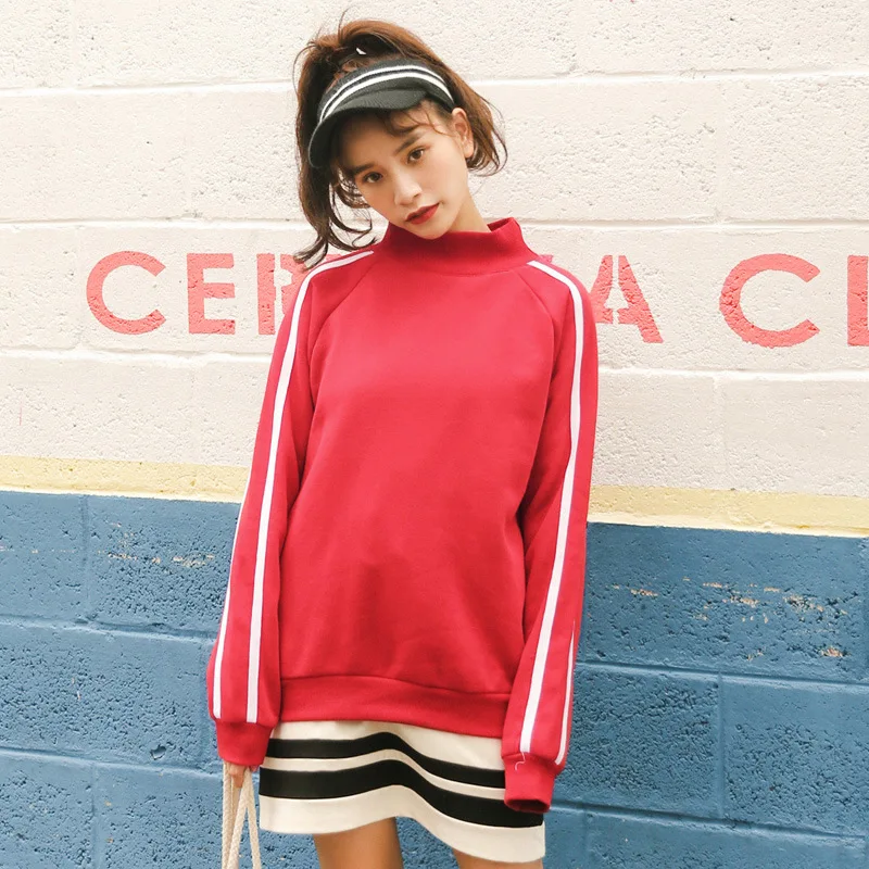 

Women Spring Autumn Letter Print Turtleneck Sweatshirt Female Long Sleeve Flocking Cotton Top Casual Loose Stripe Pullovers Y621