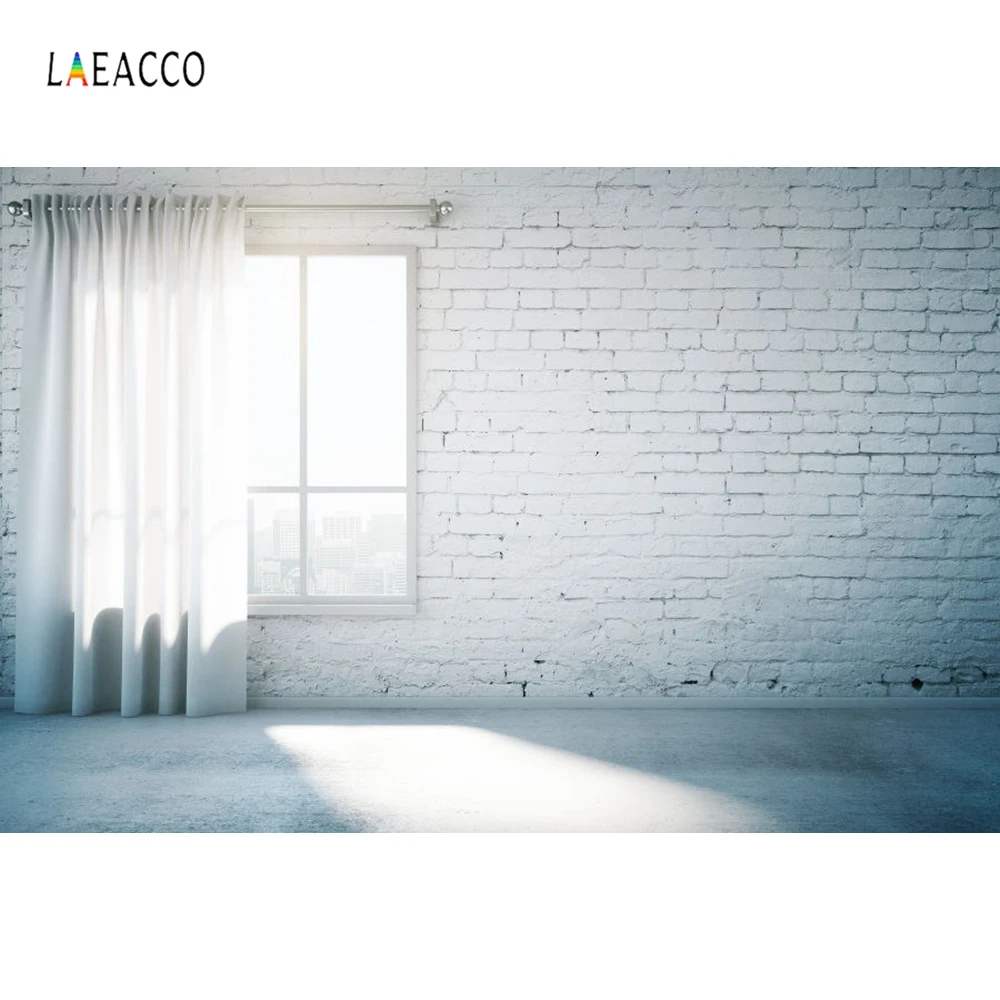 Laeacco интерьер комнаты фотографии фоны окна занавес кирпичная стена белые Пользовательские фотографические фоны для фотостудии