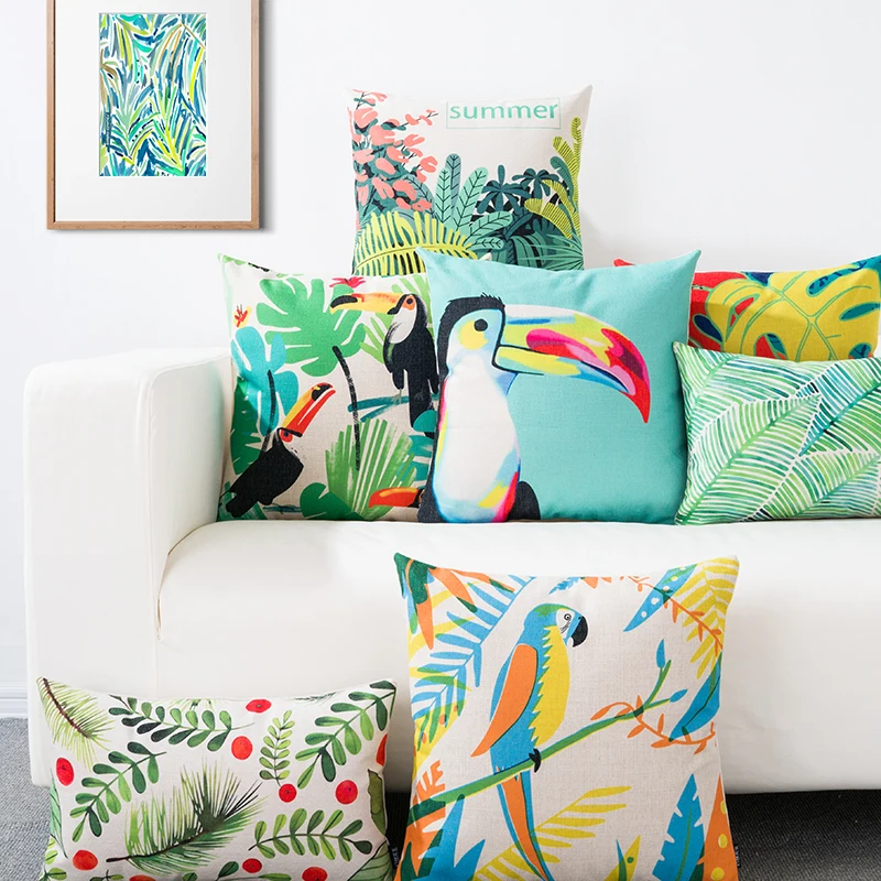 

Parrot Watercolor Floral Bird forest Pillow Cover Green Leaf Home Decorative Pillow Linen Pillow case Sofa Cushion Cover