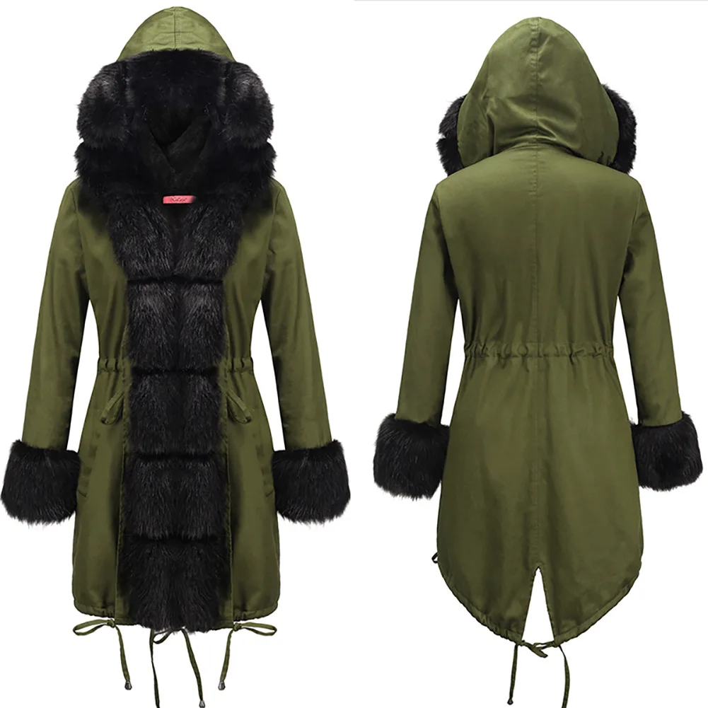 U-SWEAR Winter Women Fake Fur Parka Warm Natural Large black Fur Collar with Luxury Rex Rabbit Fur Liner Army Green Coats - Цвет: ArmyGreen