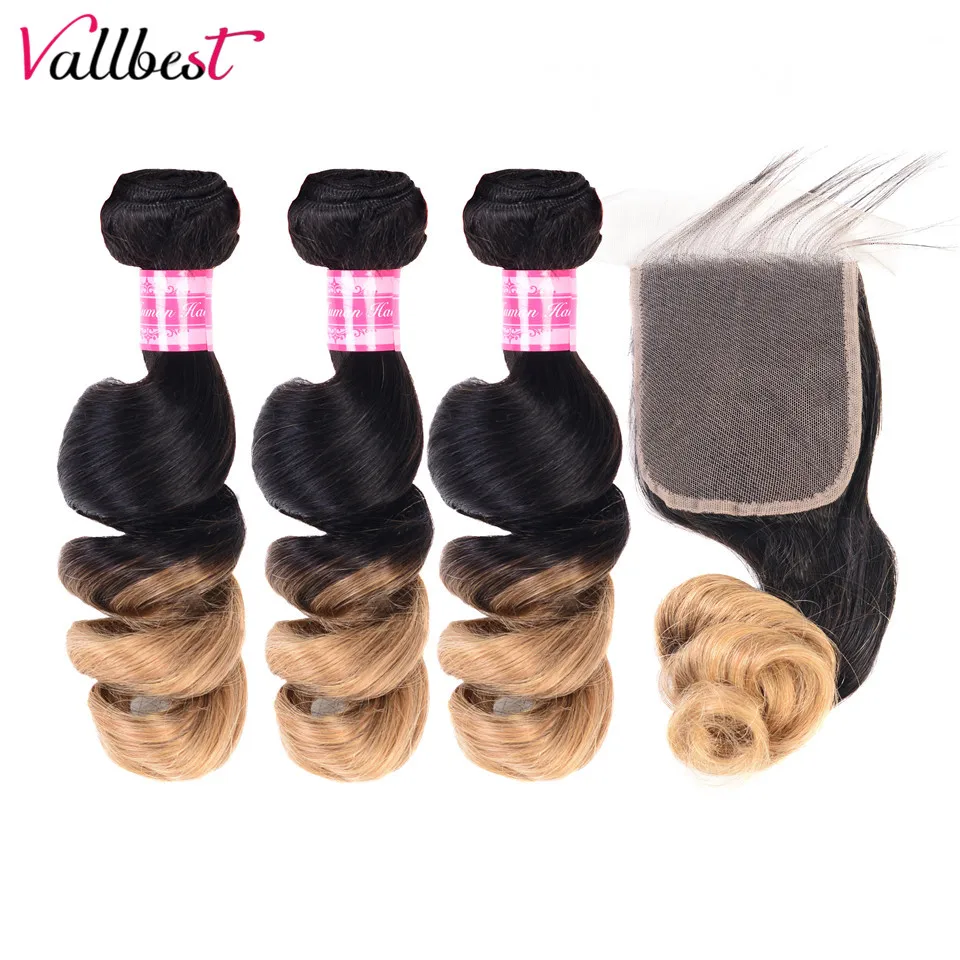 Vallbest Ombre 1B/27 Loose Wave Bundles With Closure Remy Brazilian Hair Weave Bundles Human Hair 3 Bundles With Lace Closure