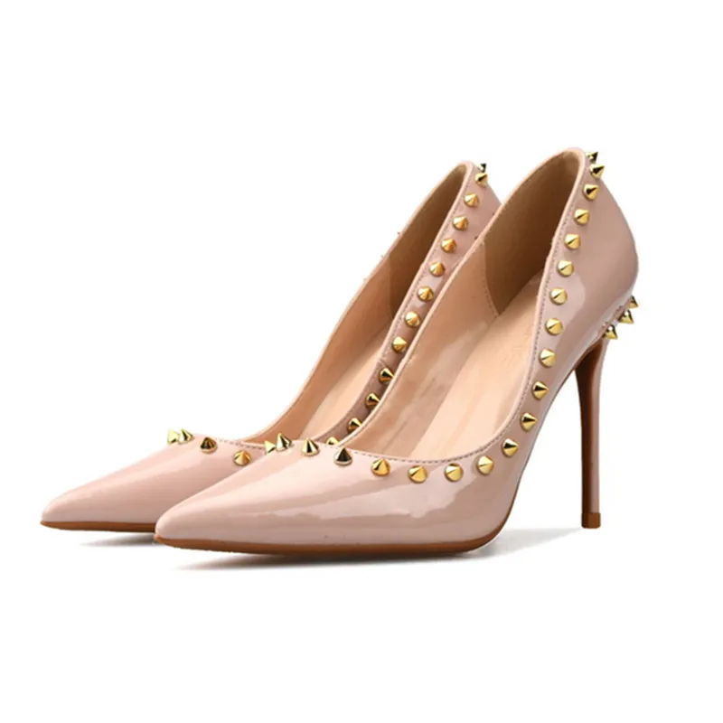 

2019 Women Gold Rivet Pump 6/8/10CM Stiletto High Heel Patent leather Spike Wedding Dress Shoes Pointed Toe Slip-on Pumps