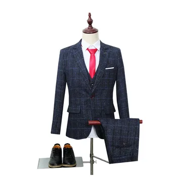 

Men's suit men's spring and autumn new plaid suit three-piece suit (jacket + pants + vest) men's business casual suits