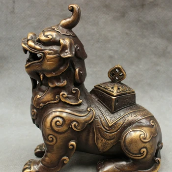 

song voge gem S2418 Folk Chinese Pure Bronze Wealth Unicorn Lion PiXiu Head Statue Incense Burner