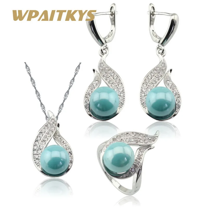 

Light Blue Simulated-Pearl White CZ Silver Color Jewelry Sets For Women Necklace Pendant Long Earrings Rings Free Gift Box