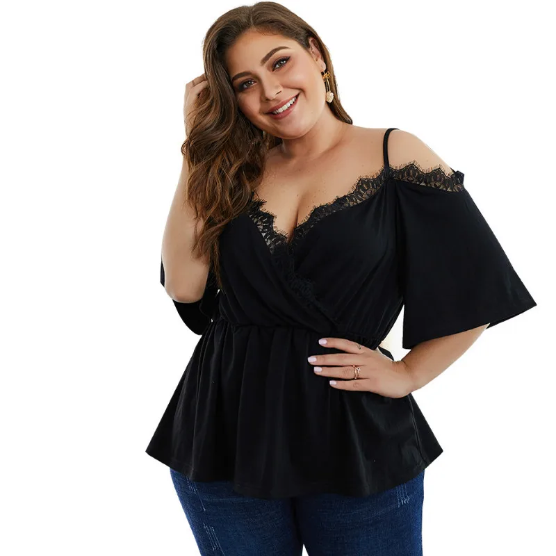 Autumn Blouse Shirts Women Tops Female Plus Size 4XL Black Shirt Blusas Lace Patchwork Strap Hollow Out Summer Blouses A040