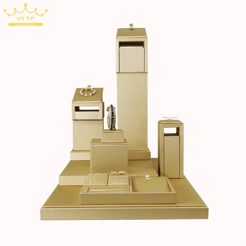 US $153.07 Creative Wooden Bangle Earring Ring Jewelry Display Organizer Tower Holder Fashion Gold PU Jewelry Counter Showcase Floor Tray