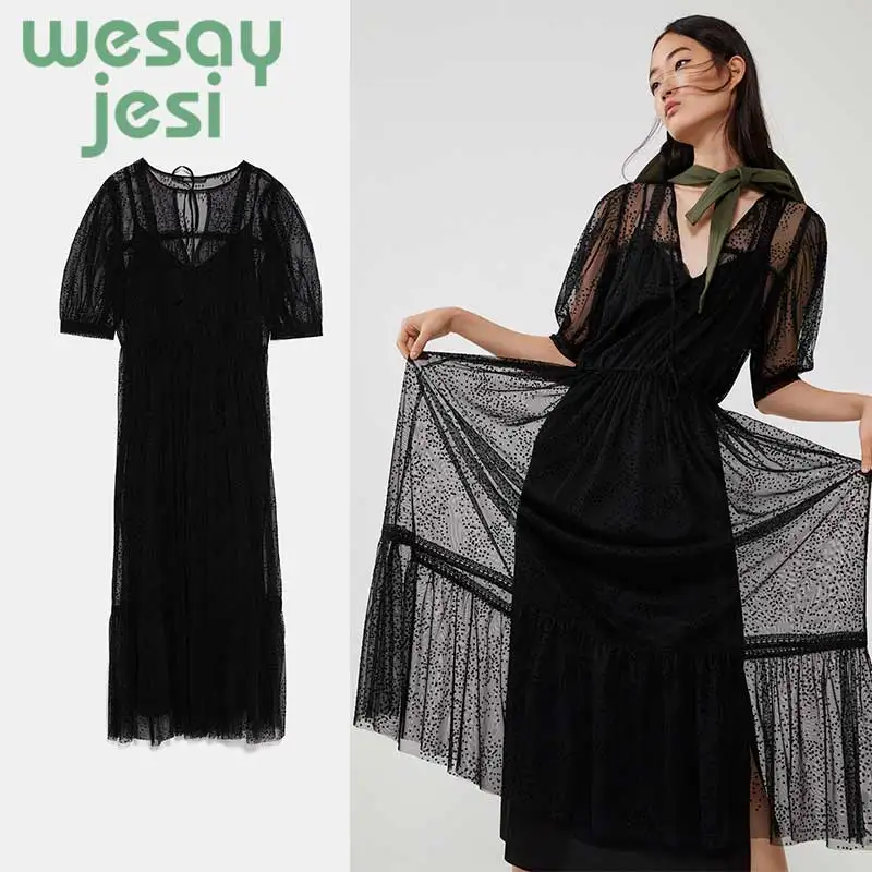 

Women Dress Elegant Vintage dot transparent Dress Stylish Sexy V-Neck 2019 Casual sweet summer Sundress vestidos