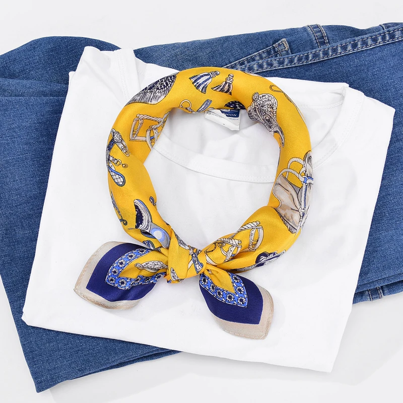 

Yellow Bandana 100% Silk Scarf Women Horsehead And Harness Printed Head Scarf Foulard Square Scarves 53*53cm 2018 Neckerchief