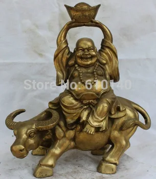 

16" Chinese Folk Brass Wealth Happy Laugh Maitreya Buddha Ride Bull Oxen Statue