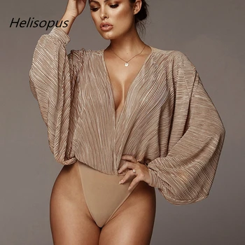 

Helisopus 2020 New Deep V-Neck Patchwork Sexy Bodysuit Women Folded Loose Long Sleeve Casual Bodysuit Spring Women Jumpsuit