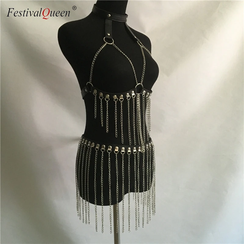 Sexy women metal chain skirt two piece Fashion PU leather Harness party nightclub wear short mini hollow out skirt