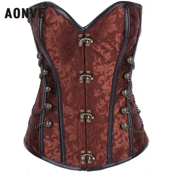

AONVE Steampunk Corset Gothic Brocade Buckle Punk Steel Boned Corset with Chain Plus Size Waist Corsets and Bustiers S-6XL