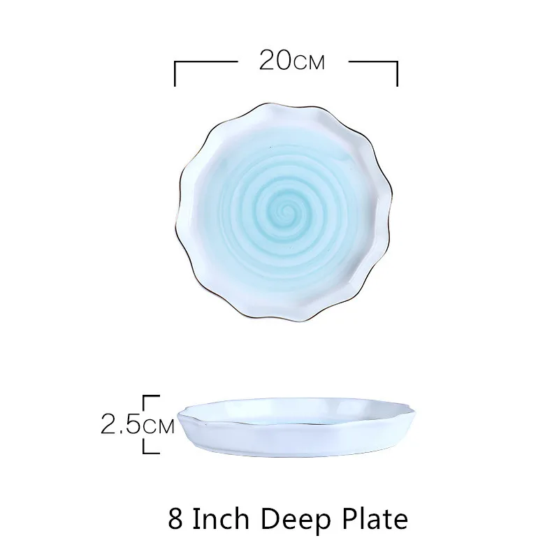 Nordic Color Changing Ceramic Plate Golden Edge Porcelain Dinner Plate Set Salad Bowl Steak Dessert Cake Tray Irregular Dishes - Цвет: 8 In Deep Plate Blue