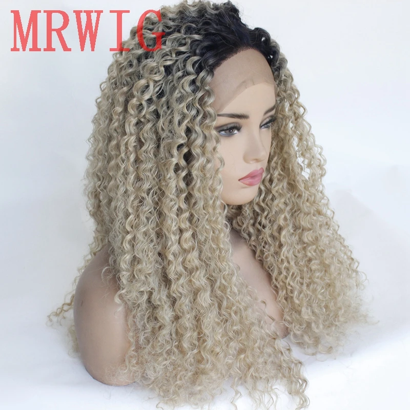 MRWIG short dark roots 1b#/27#mixed #613 blonde hair color long kinky curly synthetic front lace wig