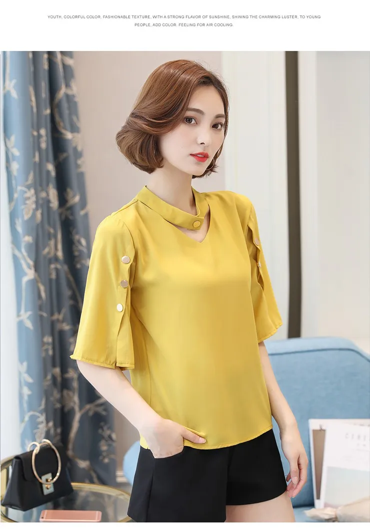 Blouse Shirt Women 2018 Korean Style V-neck Tops Ladies Chiffon Blouse Button Short Sleeve White Shirts Summer Blusas Mujer (7)