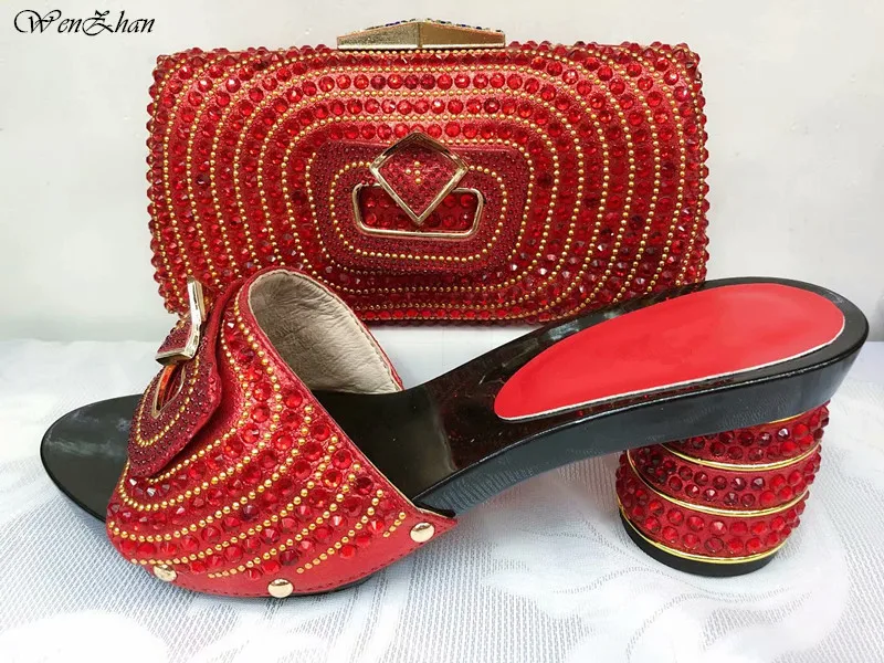 

WENZHAN African Crystal Shoes And Matching Bag Set For Party Fashion Red Women Pumps Slipper Shoes And Bags Set 37-43 C812-27