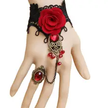 Bluelans Элегантный женский Готический стиль кружевной браслет с цветками розы с регулируемым пальцем
