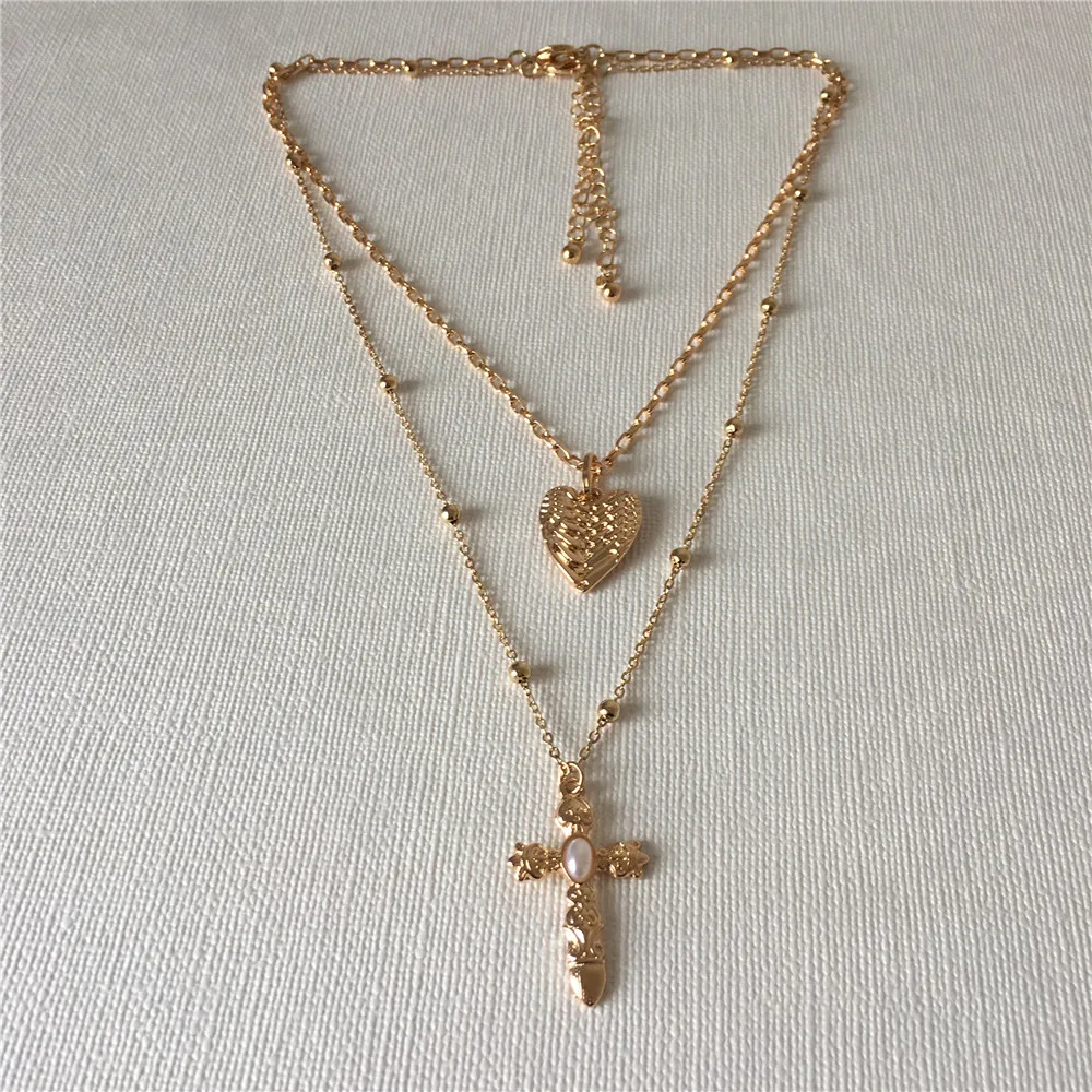 

LOVELY NECKLACE GOLD COLOR PLATING CROSS HEART PENDANT LAYERED NECKLACE FOR WOMEN GIRL