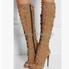 Новое поступление; модные замшевые сапоги до колена; сезон весна-осень; женские коричневые сандалии-гладиаторы на высоком каблуке со шнуровкой и открытым носком