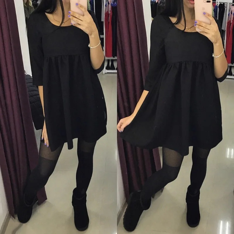 2021 Autumn Women Sleeve Dress Fashion Solid Pleated O-neck - AliExpress