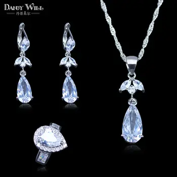

Russian Love Style Water Drop White Australia Crystal Silver Color Women Jewelry Set Earrings/Pendant/Necklace/Ring