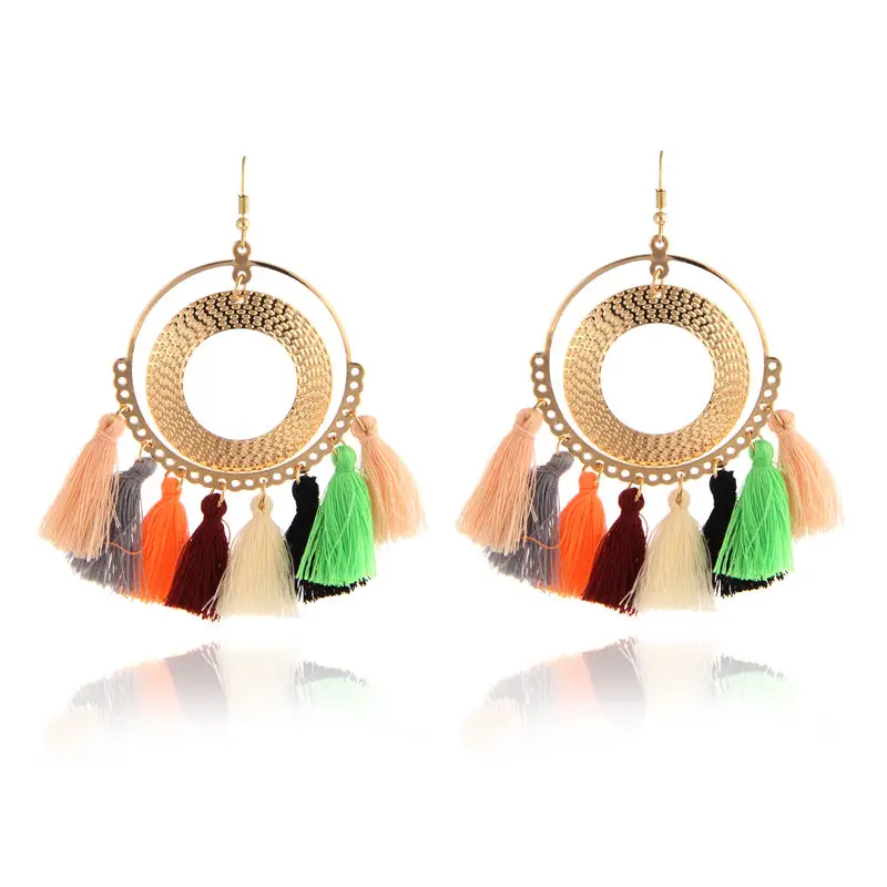 

Boho Ethnic Style Tassel Earrings Women Jewelry Yarn Bohemia Earrings Big Gold Round Geometric Earrings Fringed Circle Earrings