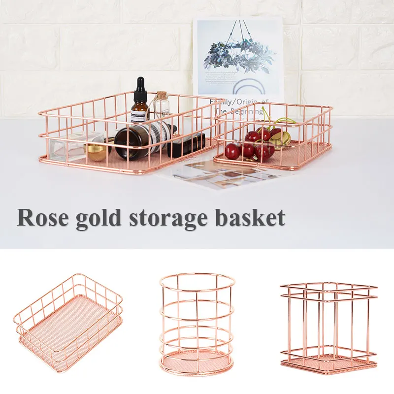

Nordic Rose Gold Storage Basket Mesh Crate Vintage Office Fruit Desk Organiser Boite De Rangement Organizer Holder Drop Shipping