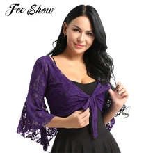 Женский костюм с длинными расклешенными рукавами, Болеро для танца живота, топ с бабочкой, кружевное болеро, модная накидка с открытой передней частью, одежда для танца живота, кардиган