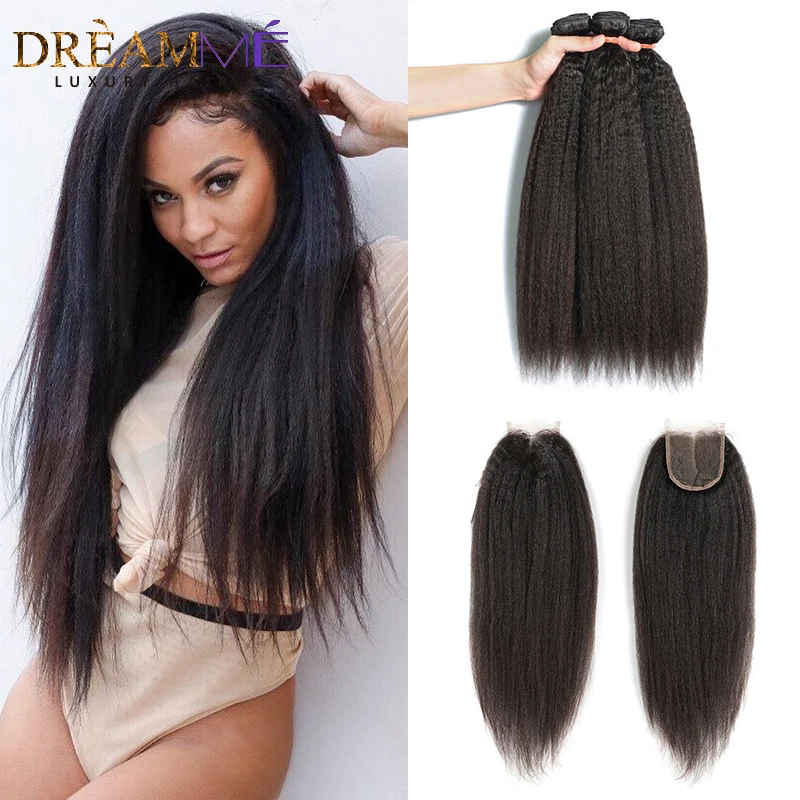 Brazilian kinky straight hair weave bundles with closure 100% human hair2