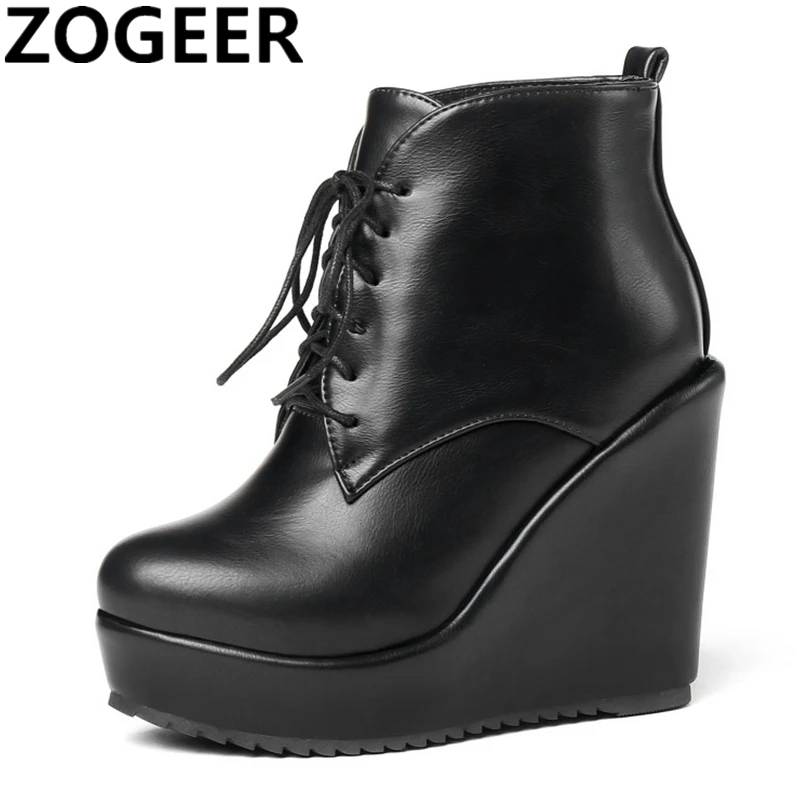 

Autumn Wedges Boots Women Fashion Lace-up PU Women's High heel Platform Ankle Boots Sexy Black Height Increasing Shoes Woman