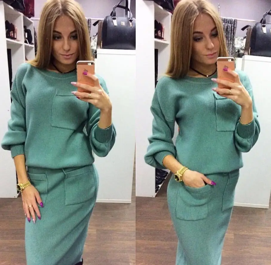 

2016 women suit contracted knitted sweater + bust skirt suit