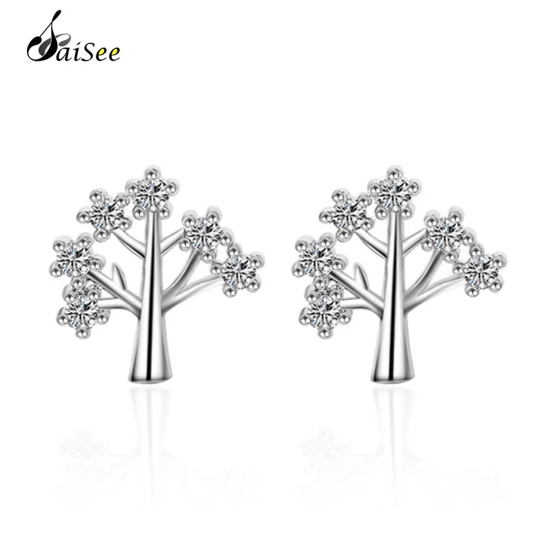 SaiSee Wishing Tree AAA CZ Stone Stud Earrings for Women White Gold Color Cubc Zirconia Female Fashion Jewelry Brincos | Украшения и