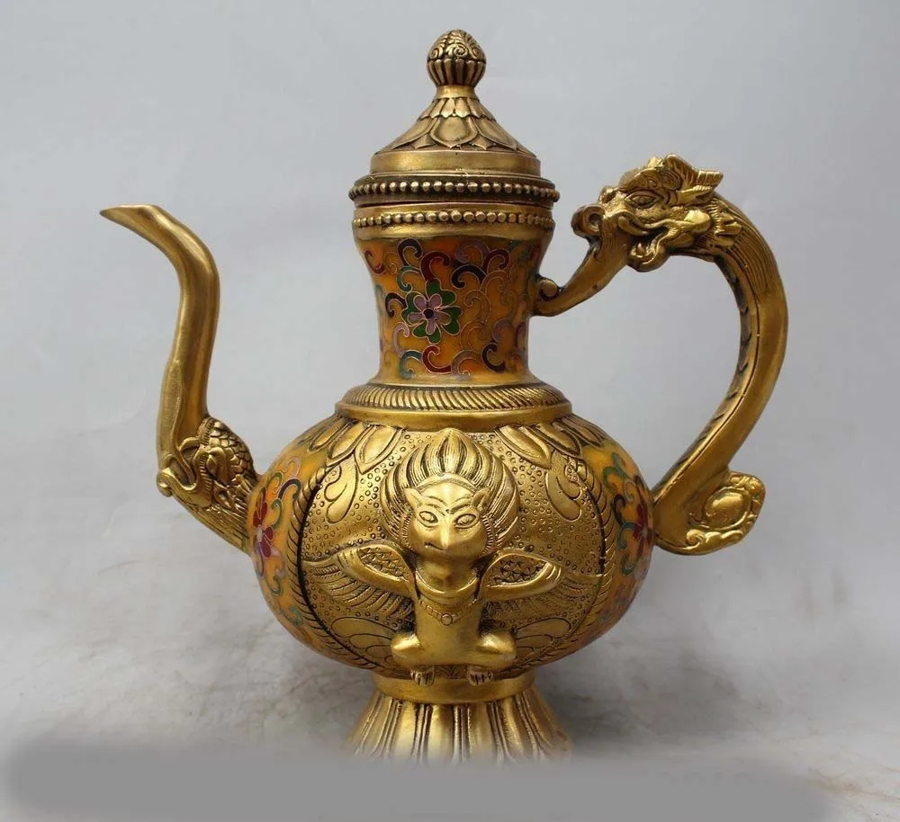 

10" Marked Chinese Cloisonne Bronze Dragon Garuda Buddha Wine Tea Pot Flagon