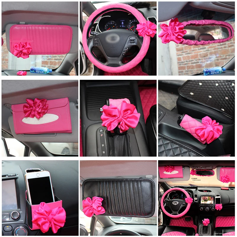 Car Interior Accessories Pink Roseo Red Flower Steering Wheel Cover Neck Rest Pillow Seatbelt Cover Shifter Hand Brake Sets Car Interior Accessories Pink Roseo Red Flower Steering Wheel Cover Neck Rest Pillow Seatbelt Cover Shifter Hand Brake Sets