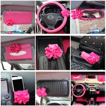 Accessori Per Interni auto Rosa Roseo Fiore Rosso Volante Copertura Della Ruota di Resto del Collo Cuscino Cintura di Sicurezza Della Copertura del Cambio del Freno A Mano Set