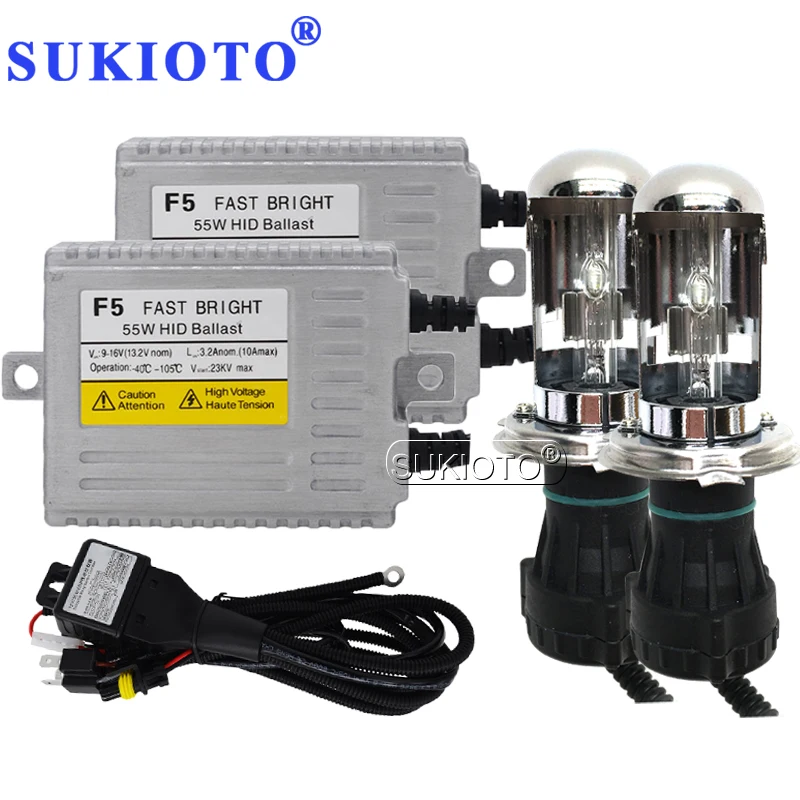 SUKIOTO Car Headlight H4 55W 5000K HID xenon kit 6000K 4300K 3000K H4 hilo bixenon ballast kit F5 xenon lens h4 hid lampada h4