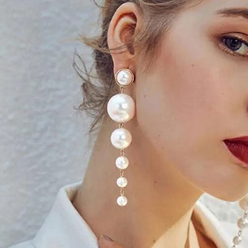 

Trendy Elegant Vintage Big Simulated Pearl Long Earring Pearls String Statement Drop Earrings For Wedding Party Gift E700