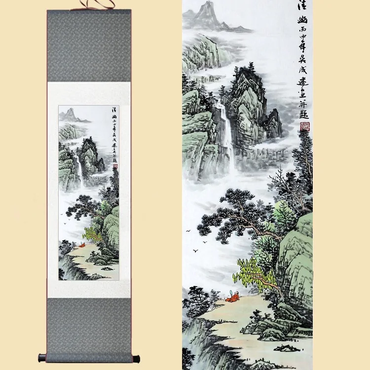 

Chinese Silk Watercolor ink waterfall art mountain sunrise Landscape Feng Shui canvas wall picture damask framed scroll painting
