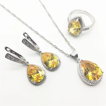 

Natural Mystic Yellow Zircon 925 Logo Silver Color Jewelry Set For Women Wedding Earrings/Pendant/Necklace/Rings