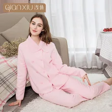 QIANXIU женская зимняя теплая пижама из овечьей шерсти, двубортный пижамный комплект чистого цвета, простая Пижама, Женская домашняя одежда