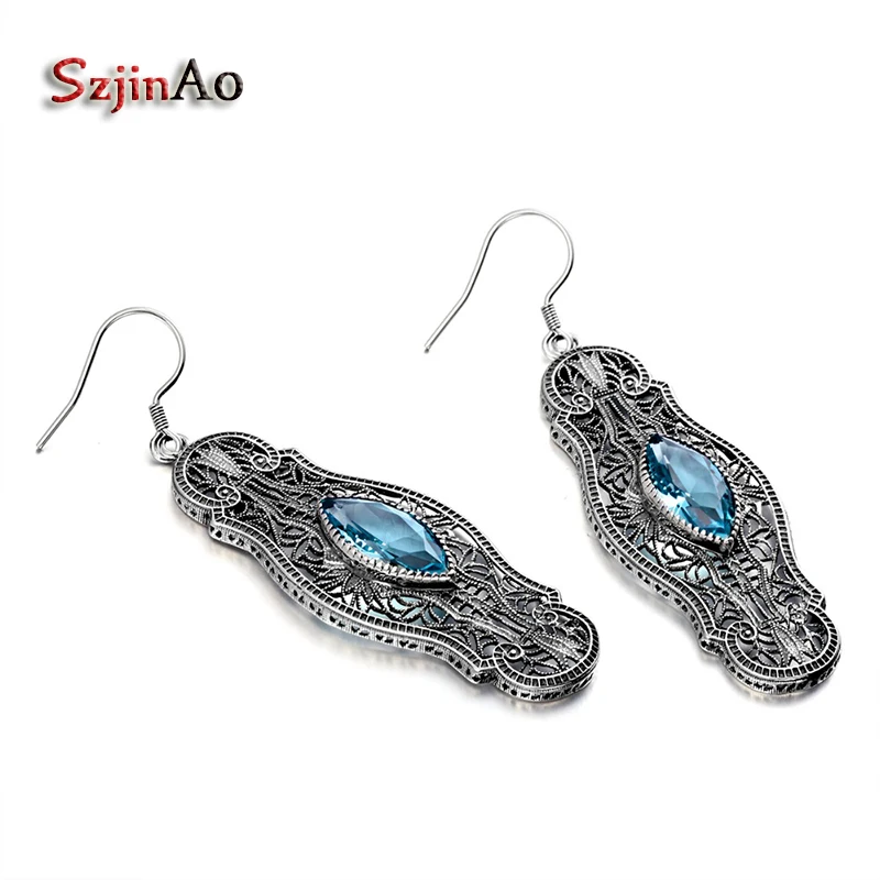 

Szjinao European Retro Wedding Personality 925 Sterling Silver Earrings Carving Decorative Pattern Aquamarine Female Jewelry