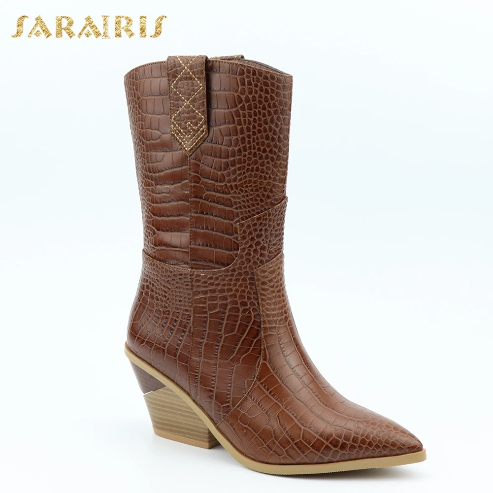 

High Quality Brand Fashion Brown Winter Plus Size 46 Vintage High Heels Woman Boots women's Shoes Western Boots Shoes Women