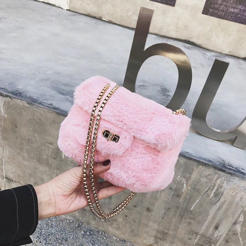

2018 furry Bag female Tide Korean edition simple Hundred Ride Winter plush chain packets shoulder oblique strap small square bag