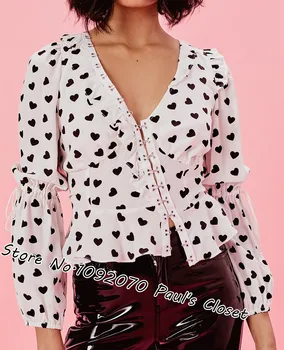 

Women Heart Print Willow Long Sleeve Top Asymmetrical Flirty Crop