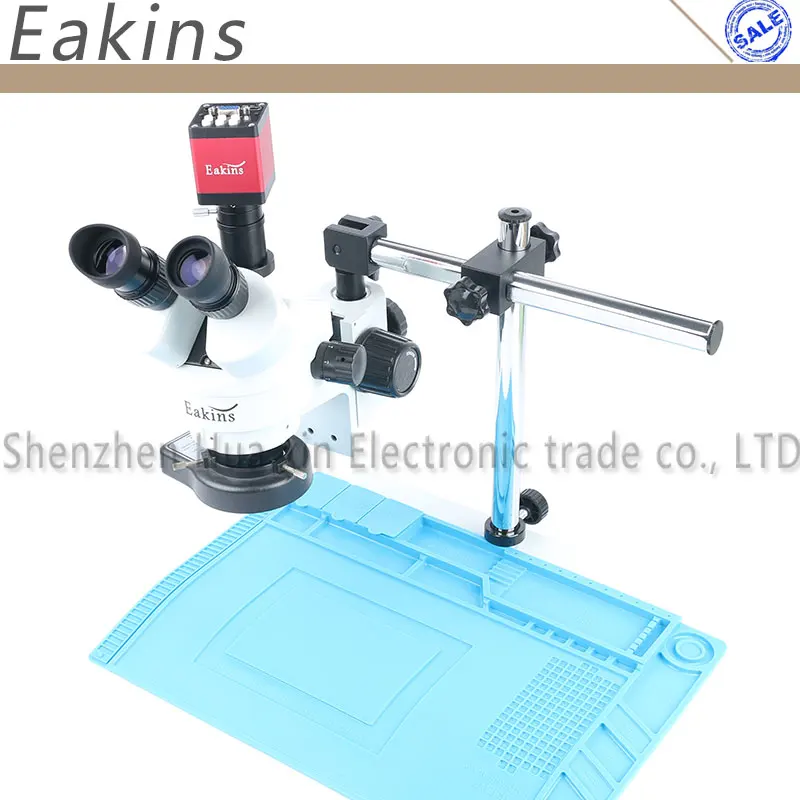 online Simul focal 7 ~ 45X Trinocular Microscópio Stereo Zoom Contínuo + HDMI VGA microscópio câmera + 56 LEVOU luz + suporte Universal + Mat