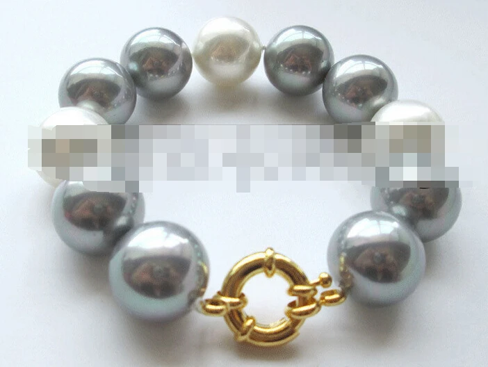 

00937 perfect round white & gray south sea shell pearl bracelet - GP clasp