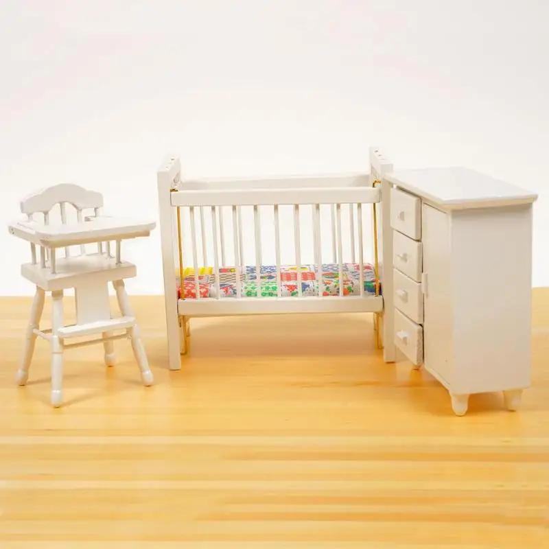 3pcs/set Dongzhur Bedroom Furniture Wooden Crib Bed Baby Chair Cabinet 1:12 Scale Dollhouse Miniatures Kids DIY Doll House
