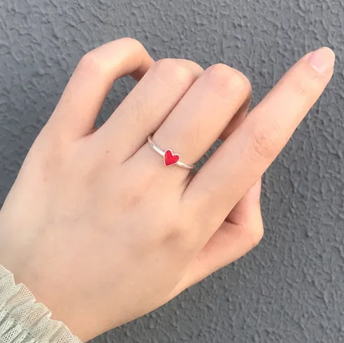red heart silver ring 100% Sterling 925 silver Jewelry Vintage Adjustable rings for women gift